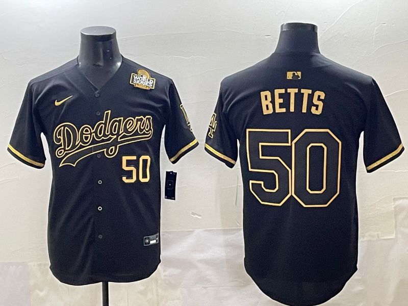 Men 2025 Los Angeles Dodgers #50 Betts Black Gold Five generations Nike MLB Jersey style 3